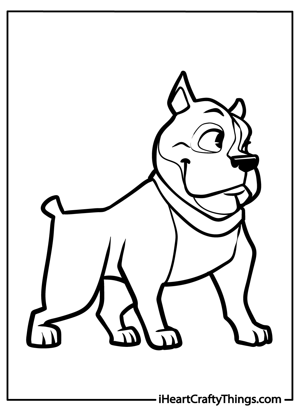 Coloring sheet for children of a friendly pitbull standing with a wagging tail and a curious expression