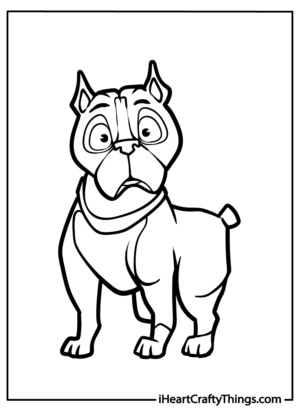 Free coloring page of a cartoon style pitbull standing with confused facial expression