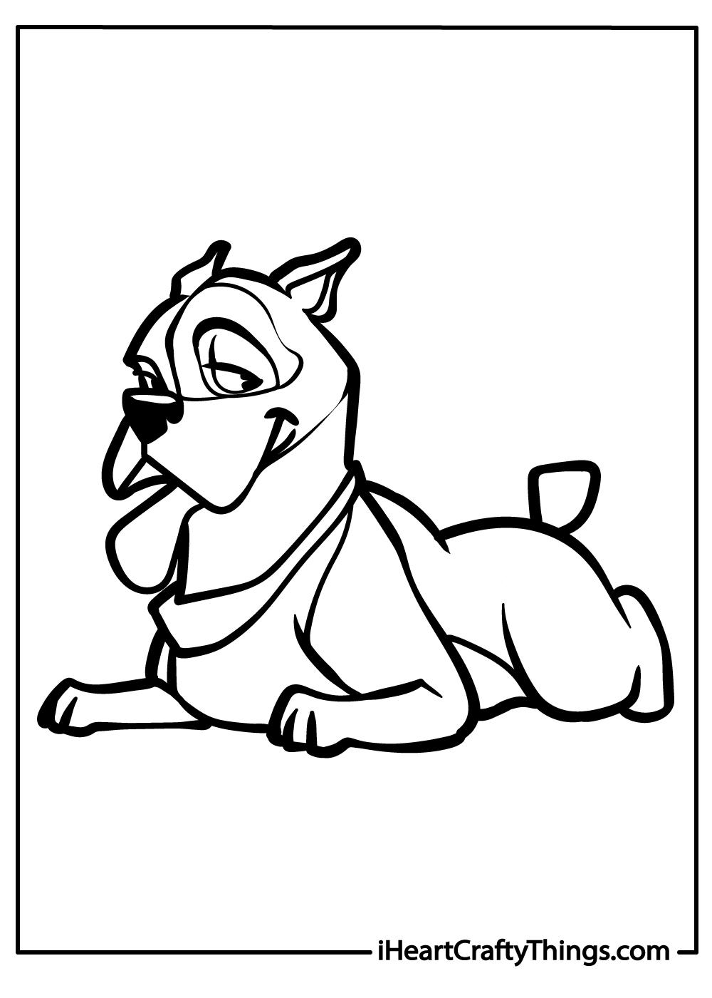 Coloring pdf of a pitbull with bandana lying on its stomach with front legs stretched out in front of it