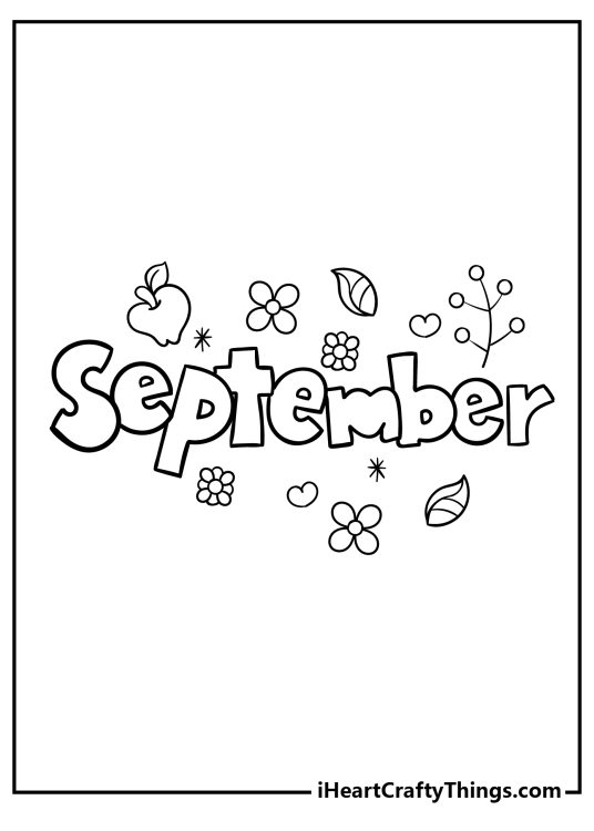 Coloring image presenting word September written in a bold font surrounded by objects associated with the month