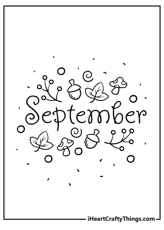 Coloring sheet featuring word September surrounded by some leaves acorns and branches