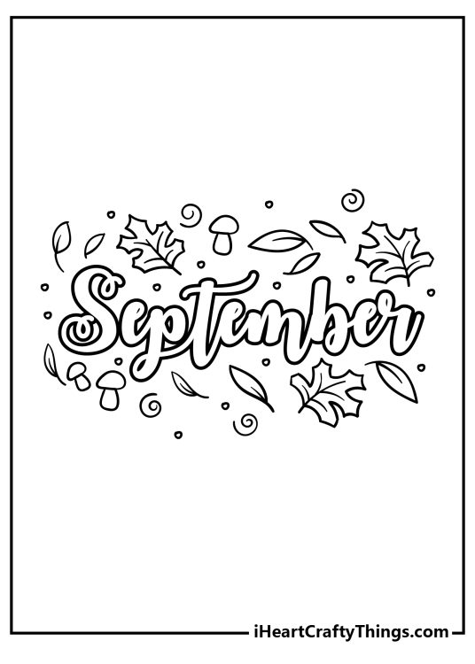 Poster with a word September written in a fancy font surrounded by plants and objects associated with the month