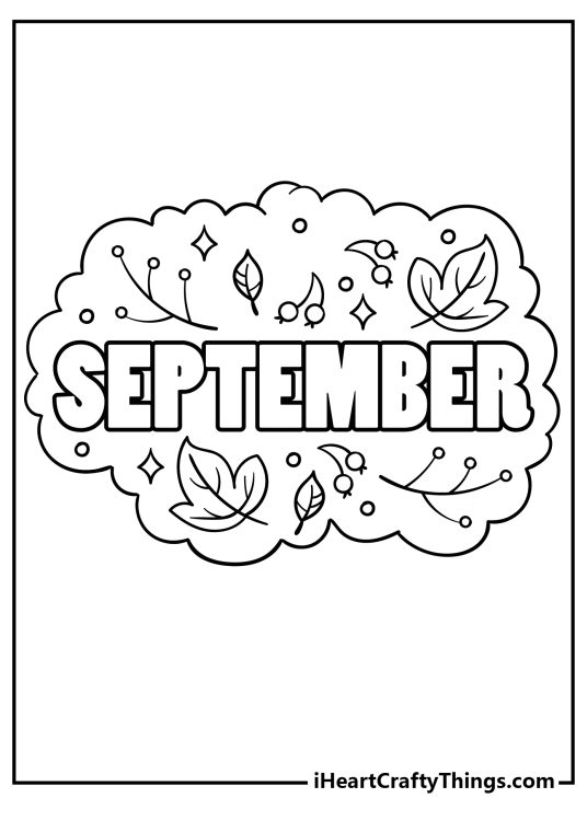Coloring printable of a word September written in a centre of a cloud and surrounded by some leaves and berries