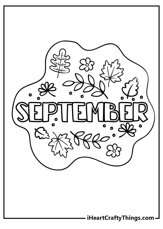 Free coloring page featuring word September surrounded by plenty of leaves and flowers