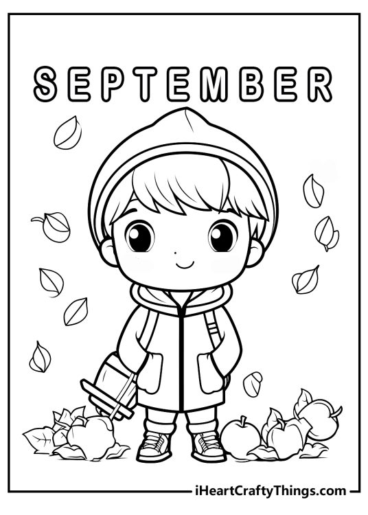 Coloring page of a kid standing next to a pile of apples with word September written above his head
