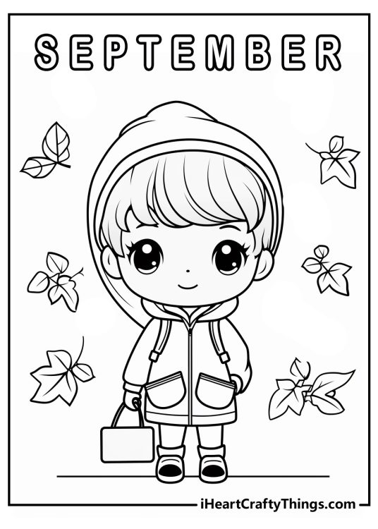 Coloring page showing a boy wearing a hoodie standing under a word September with falling leaves all around him