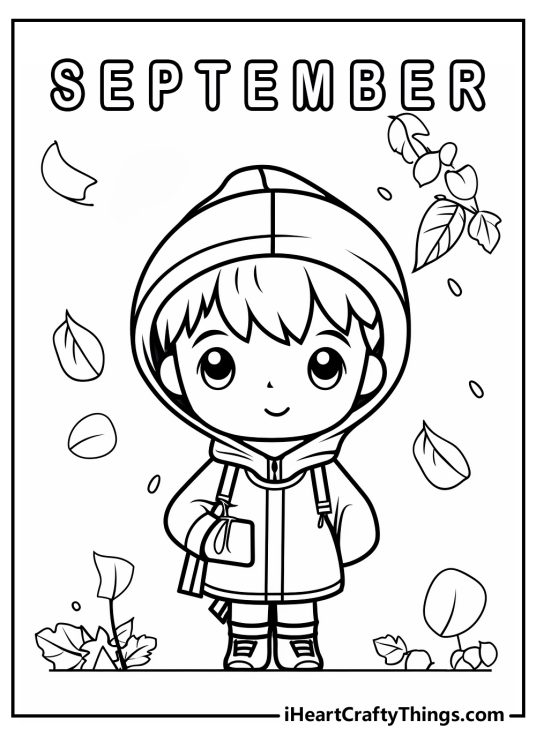September coloring picture featuring a wearing hoodie surrounded by falling leaves and word September