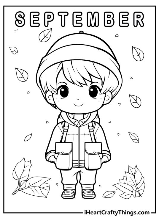 Coloring page of a boy with a beanie and a backpack surrounded by word September and leaves drifting down from the sky