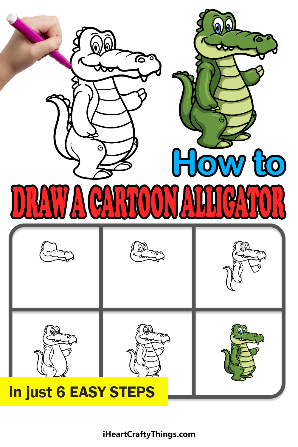 how to draw a Cartoon Alligator in 6 easy steps
