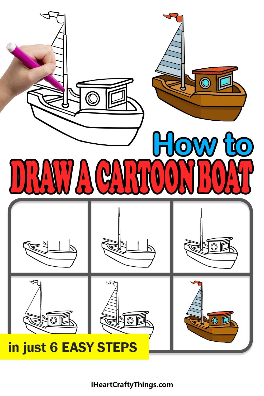 how to draw a cartoon boat in 8 easy steps