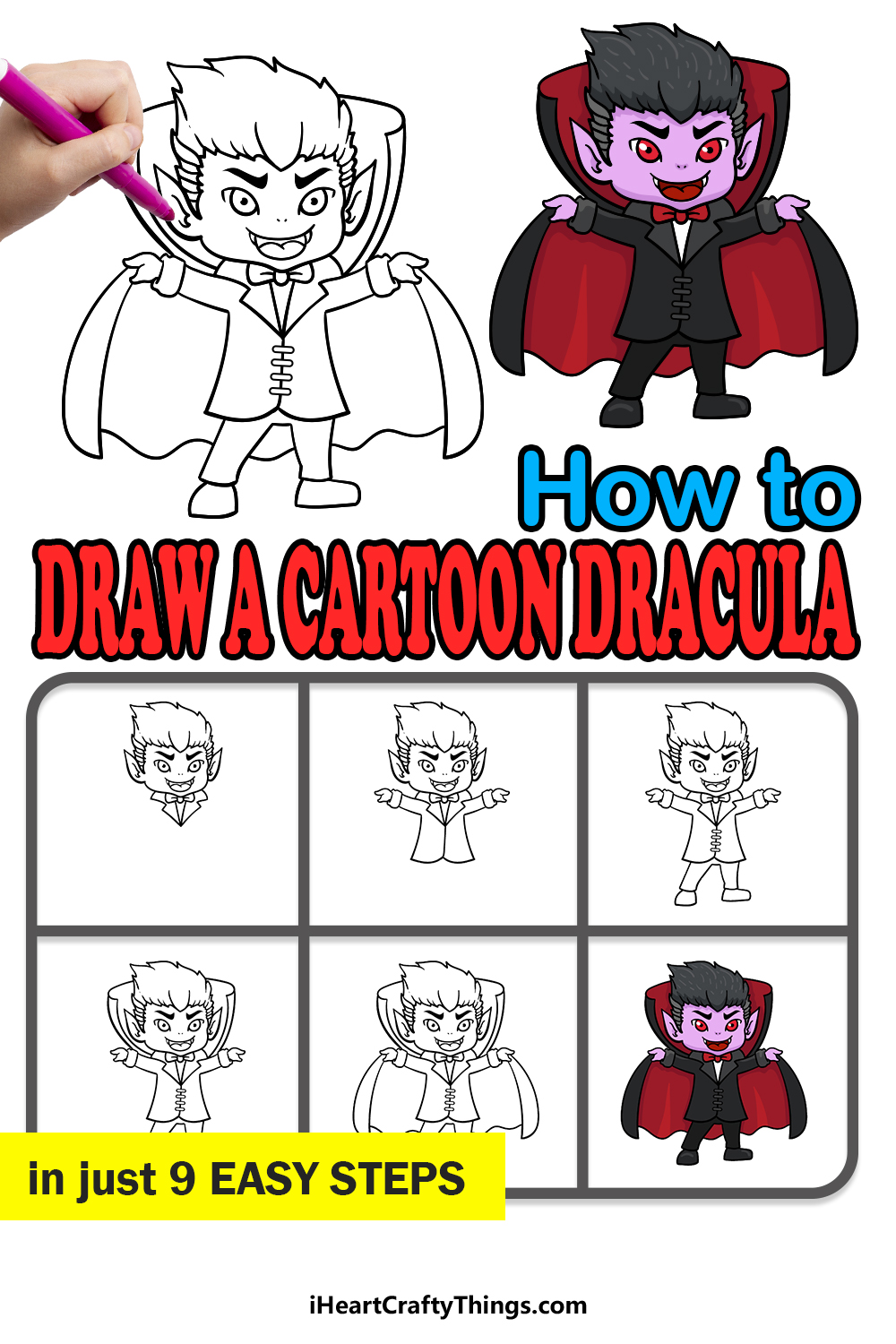 how to draw a cartoon Dracula in 9 easy steps