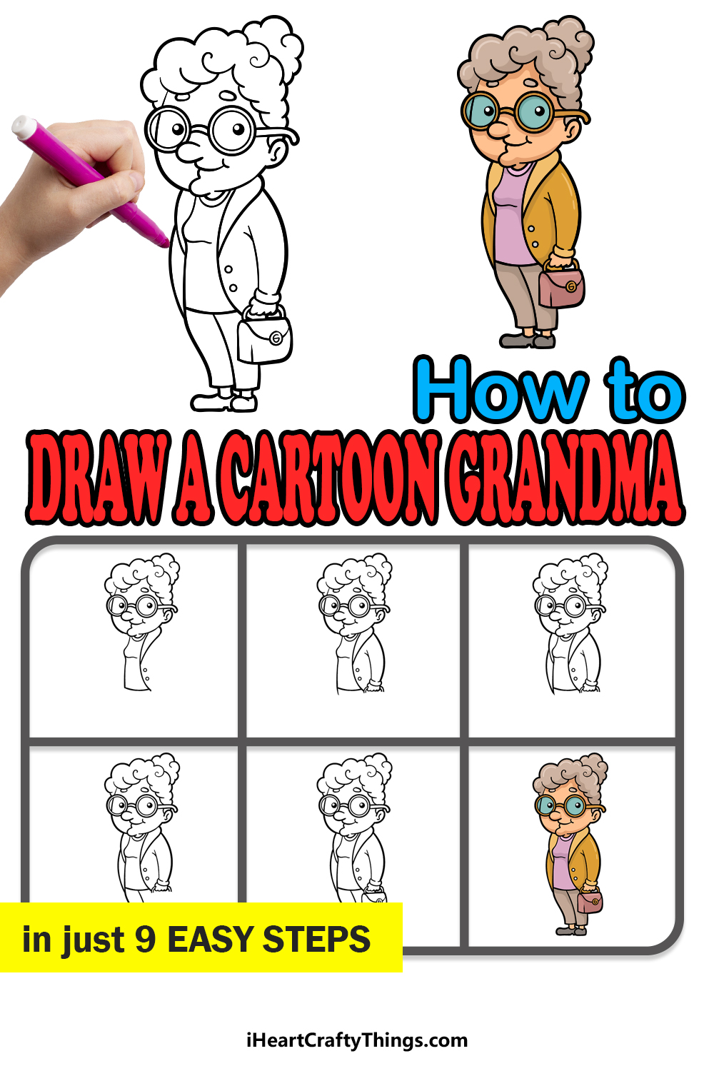 how to draw a cartoon grandma in 9 easy steps