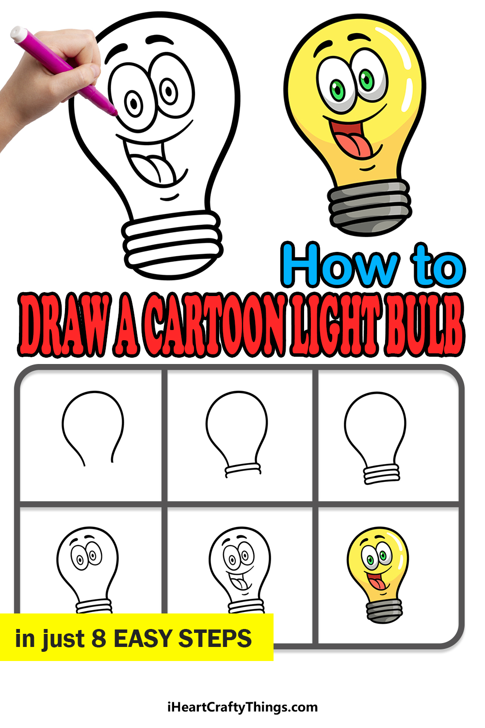 how to draw a cartoon Light Bulb in 8 easy steps