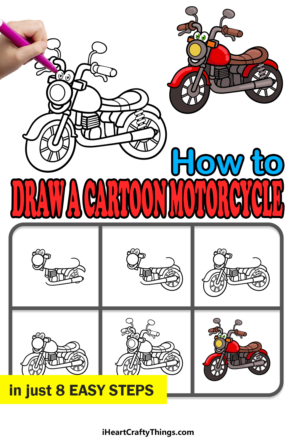 how to draw a cartoon motorcycle in 8 easy steps