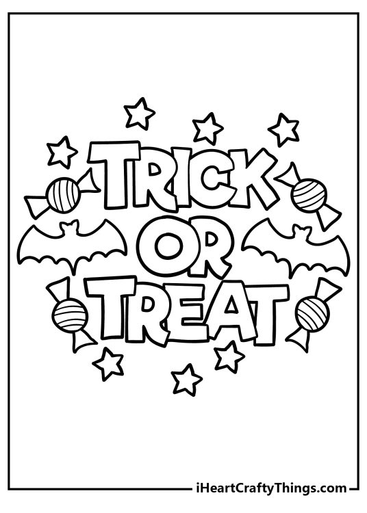 Coloring page showing phrase Trick Or Treat written in big bold letters surrounded by Halloween symbols