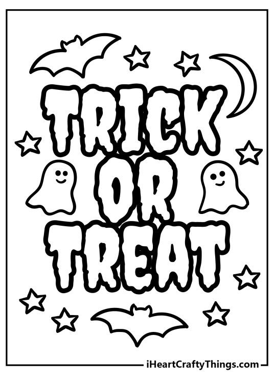 Card featuring Trick Or Treat written in a spooky block font with some little ghosts bats and stars around it