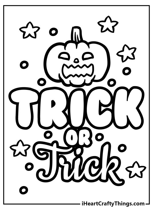 Coloring card presenting phrase Trick Or Treat with jack-o-lantern above it and stars all around it