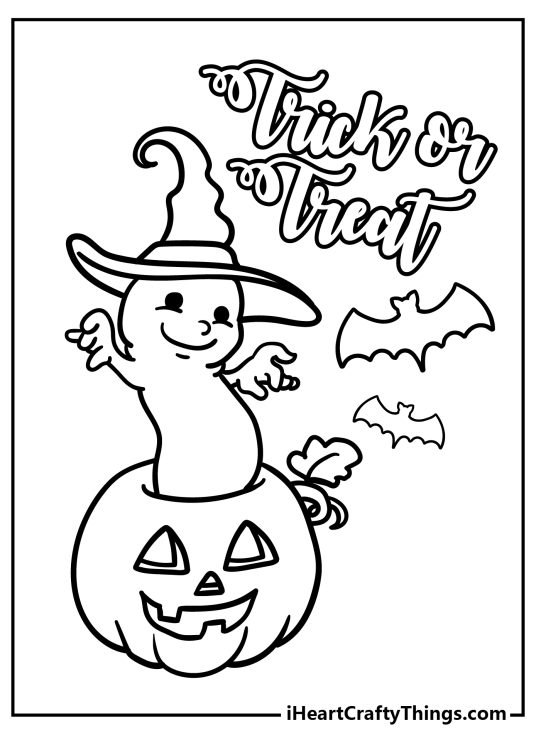 Picture featuring Trick Or Treat phrase and bats above a ghost emerging from a jack-o-lantern