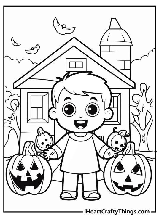 Trick Or Treat-themed image featuring a boy standing in front of a house with four jack-o-lanterns surrounding him