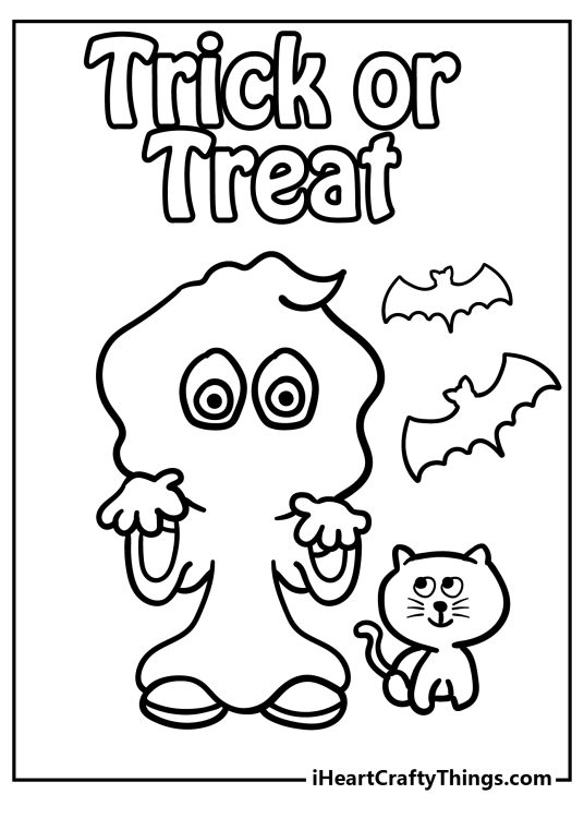 Picture of a kid in a ghost outfit with Trick Or Treat words above the head and kitty with bats on the right side
