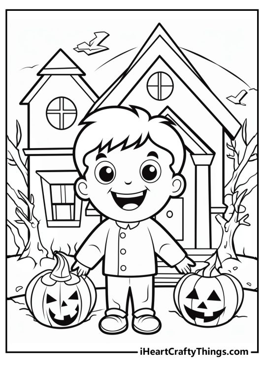 Trick Or Treat poster presenting a happy-looking boy standing in front of a house on a Halloween Eve