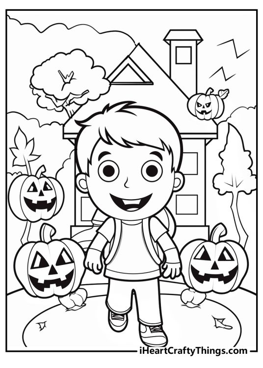 Trick Or Treat-themed printable of a boy surrounded by carved pumpkins and house in the background