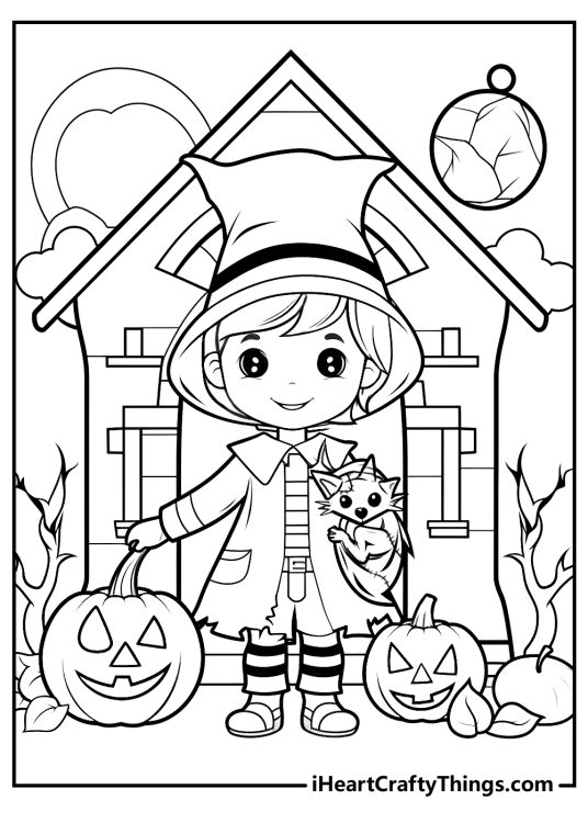 Free printable depicting a kid posing next to a house dressed up as a witch ready for Trick Or Treat
