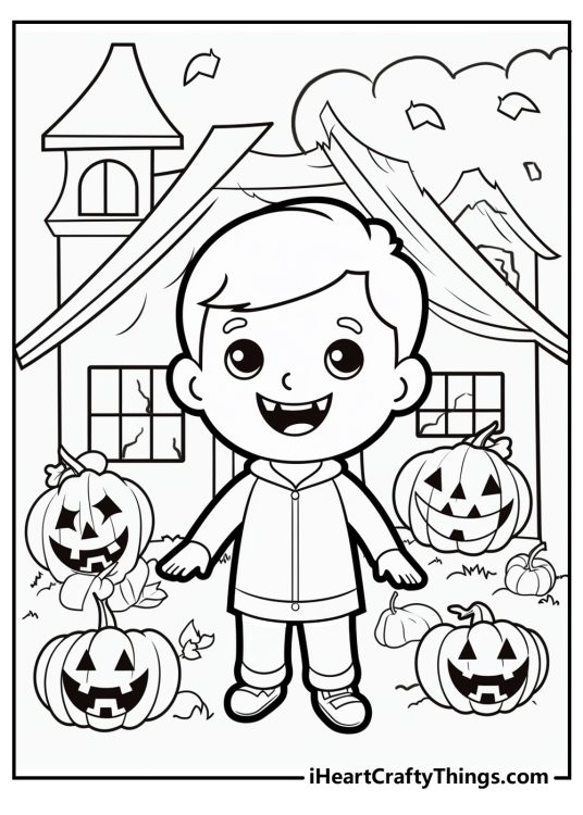 Trick Or Treat-themed image of boy standing in front of a scary house with carved pumpkins around him