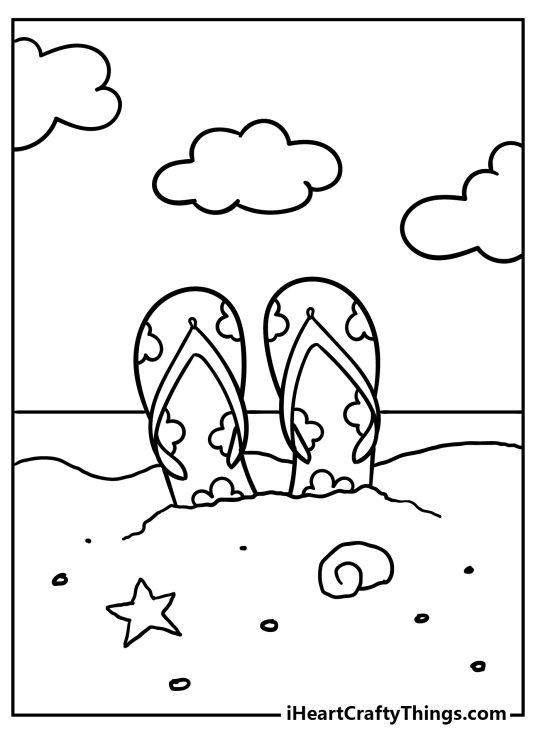 Tropical coloring picture featuring tropical-themed sandals in the sand of a beach