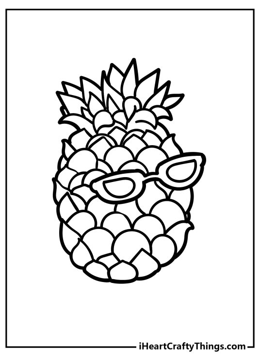 Tropical coloring sheet featuring cool-looking pineapple wearing fashionable sunglasses