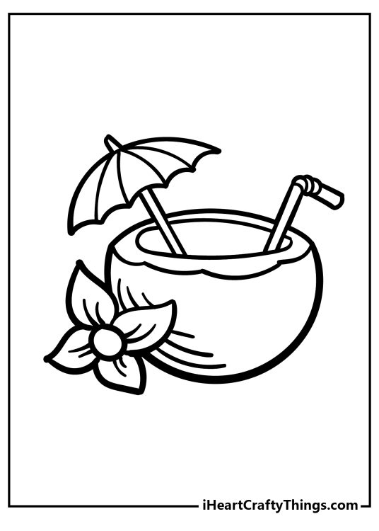 Coloring picture for children presenting tropical beverage in a coconut with clear background behind it