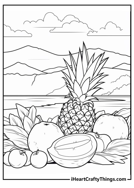 Tropical-themed picture featuring assortment of tropical fruits with mountains and clouds in the background