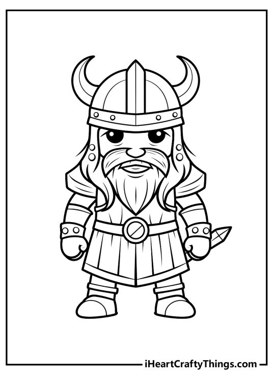 Printable coloring picture for kids presenting cartoonish viking warrior with the armor