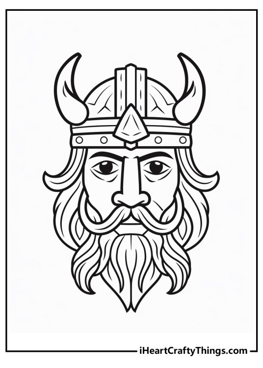 Coloring printable featuring face of mature viking warior with beard and long hair