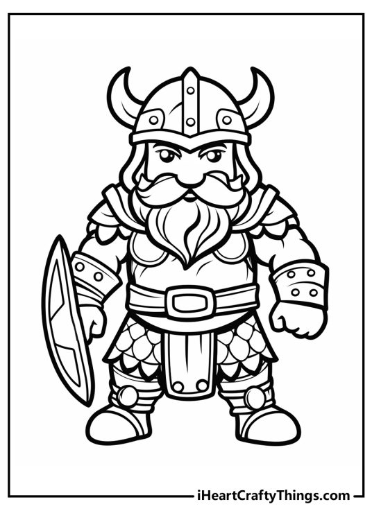 Detailed black-and-white drawing featuring cartoony viking warrior with the armor
