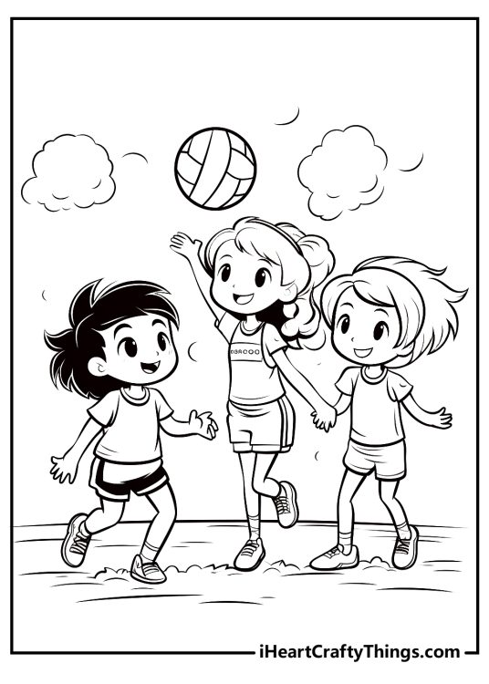 Volleyball picture capturing three excited girls leaping energetically up into the air trying to reach the ball