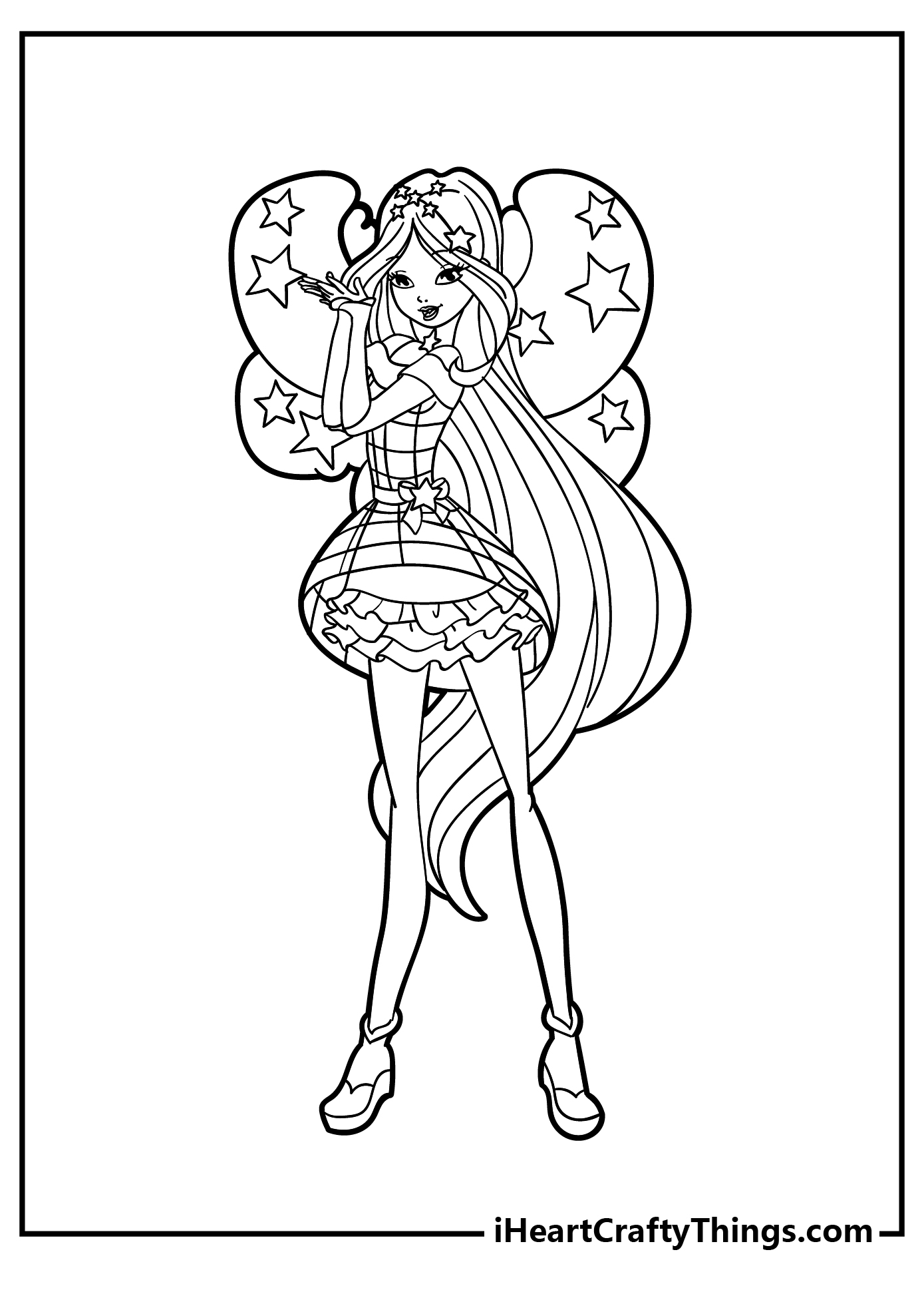 Winx coloring page featuring pretty fairy with extra long hair wearing outfit with stars incorporated into the design