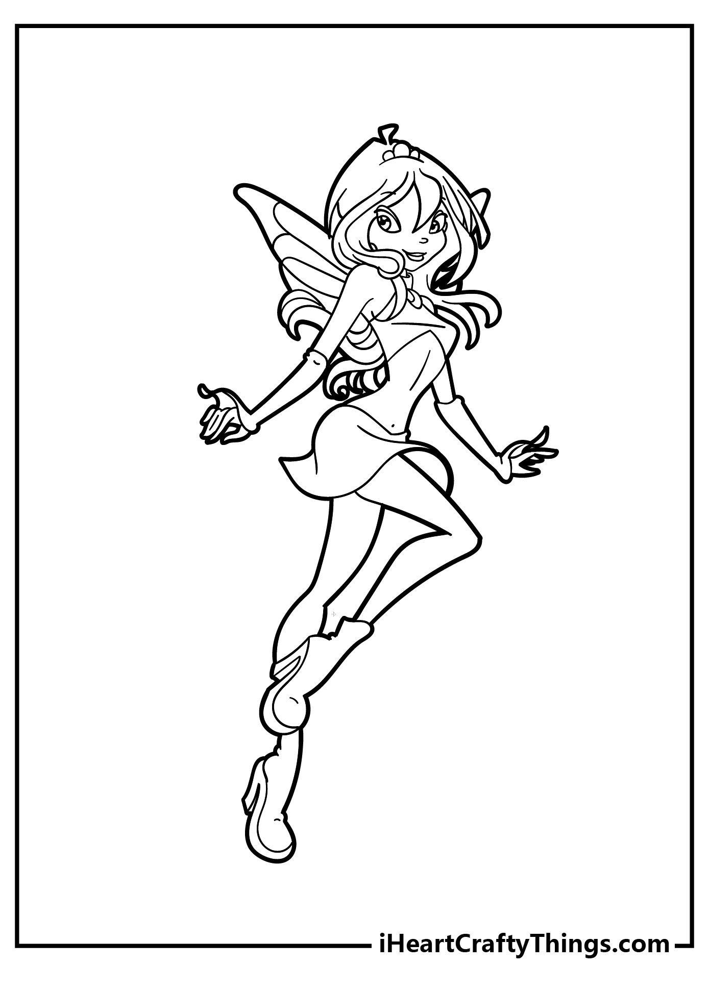 Winx-themed printable image of an elegant little fairy with small wings and high-heel shoes