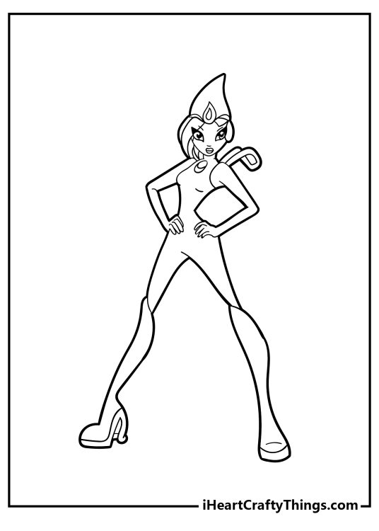 Winx coloring sheet of an fairy posing with hands on her hips and legs spread widely