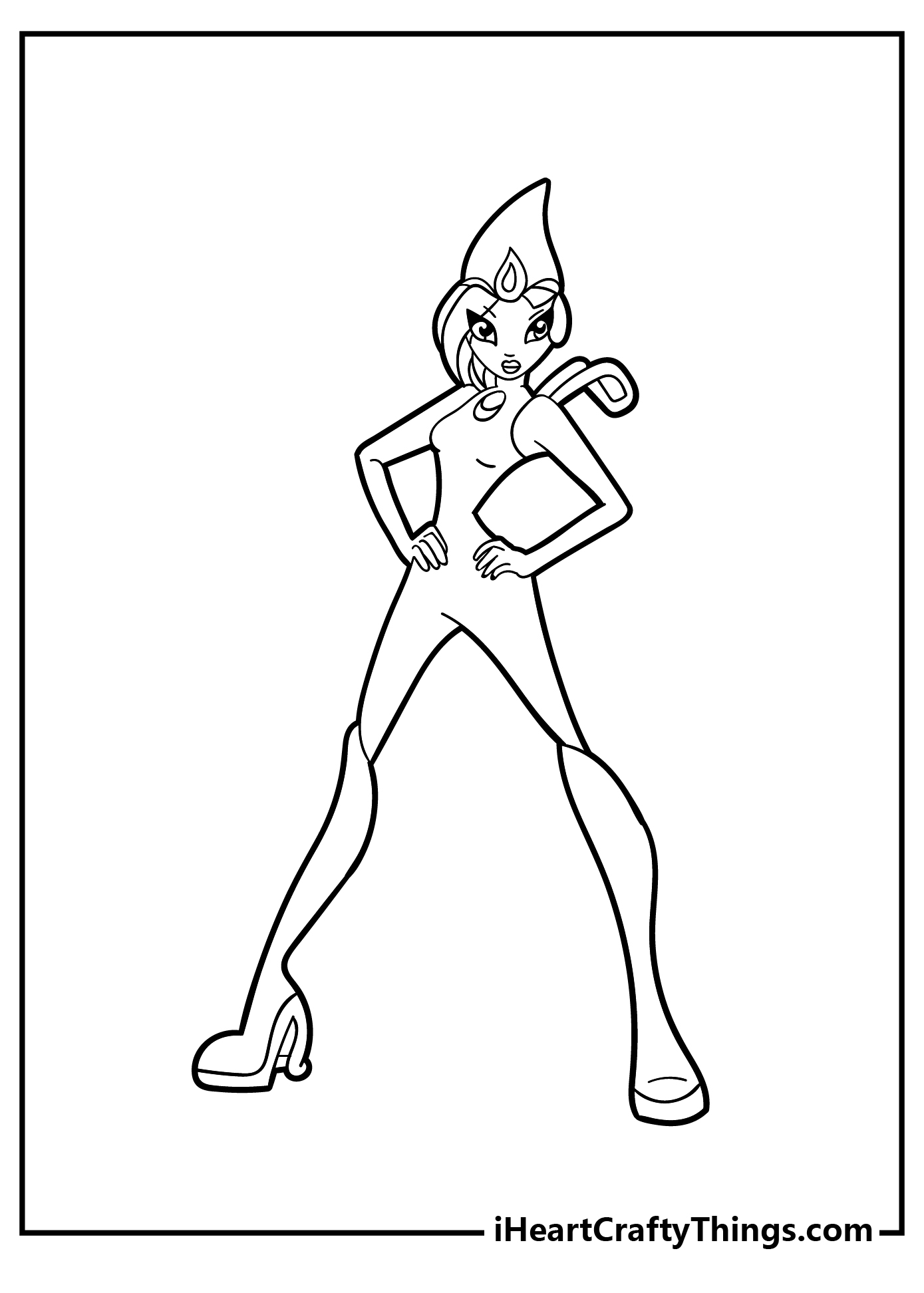 Winx coloring sheet of an fairy posing with hands on her hips and legs spread widely