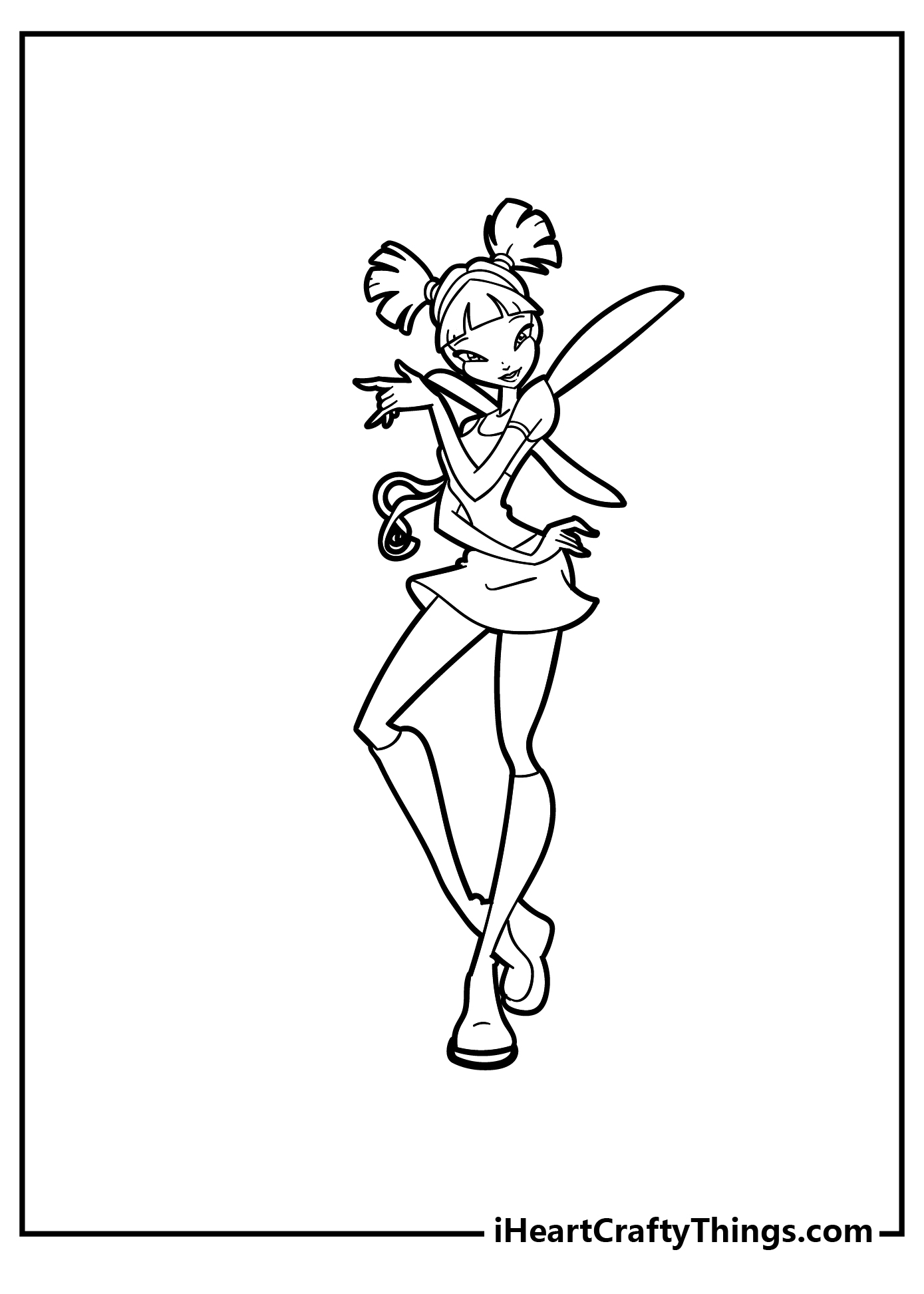 Winx coloring poster of a cool-looking fairy with two ponytails wearing short dress and knee-high boots