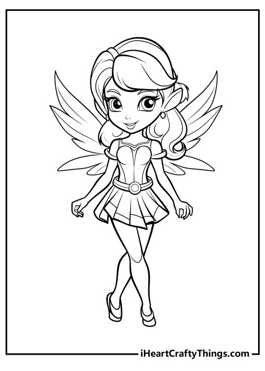 Winx-themed printable featuring fantasy fairy with beautiful pointy wings and big round eyes