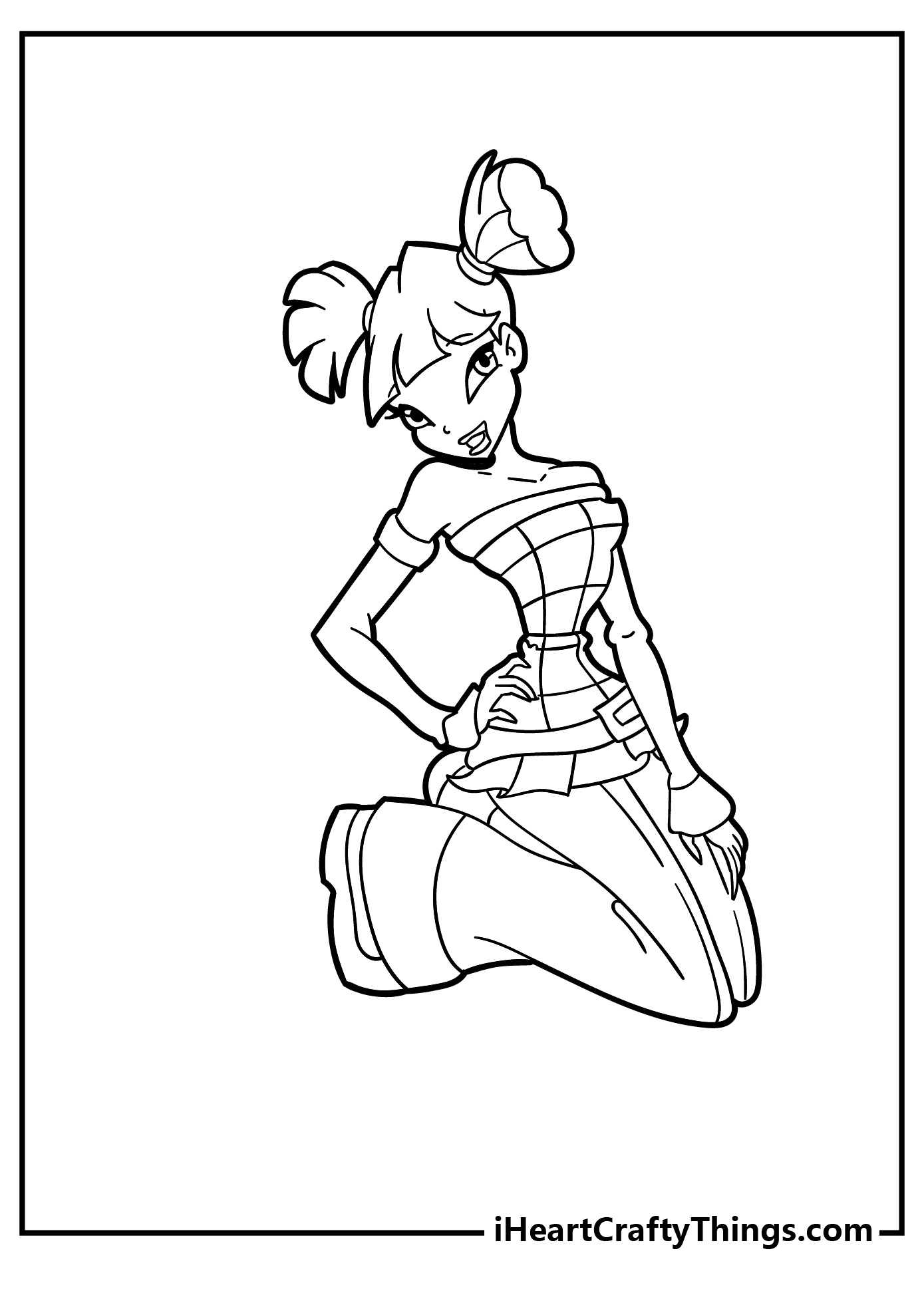 Winx coloring printable for kids of a modern fairy with two ponytails posing on her knees