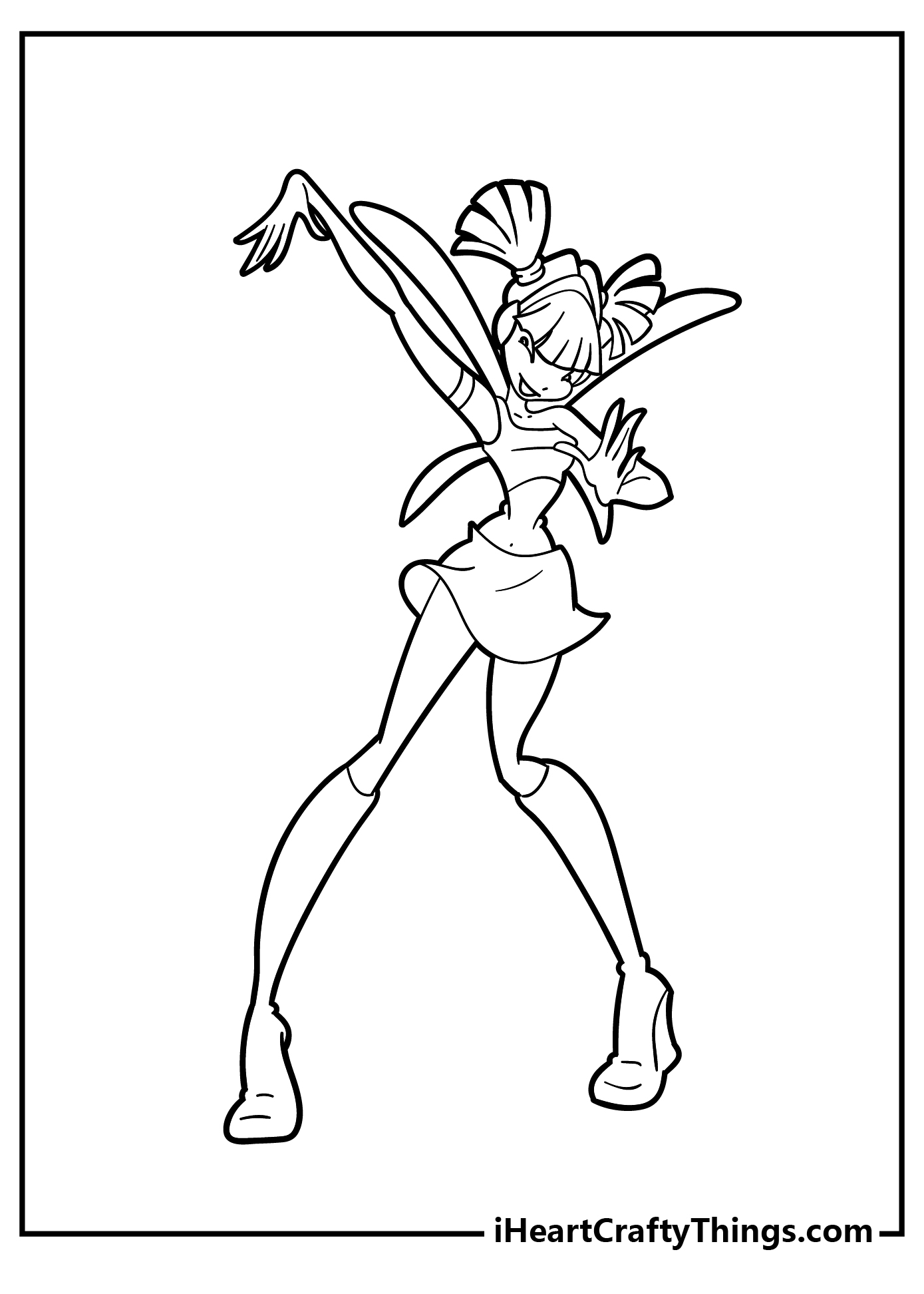 Winx coloring sheet of a fairy dressed in trendy outfit pulling a really fun pose