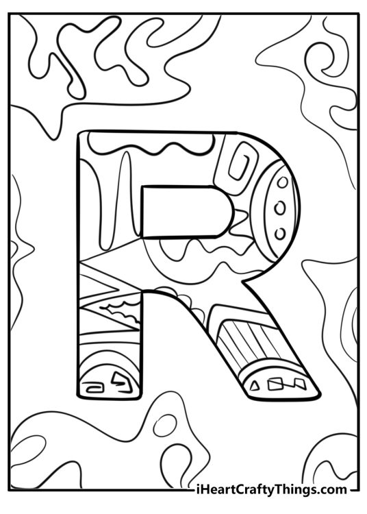 Coloring image of a letter R with abstract pattern and various wavy lines in the background