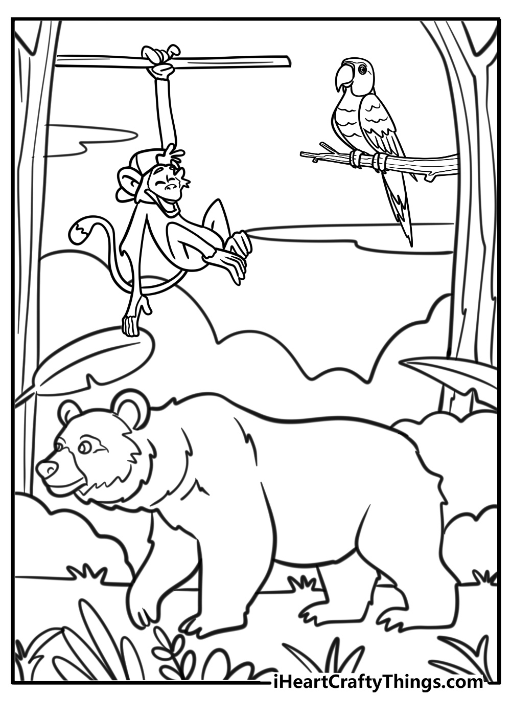 Bear walking through the forest zoo animal coloring page