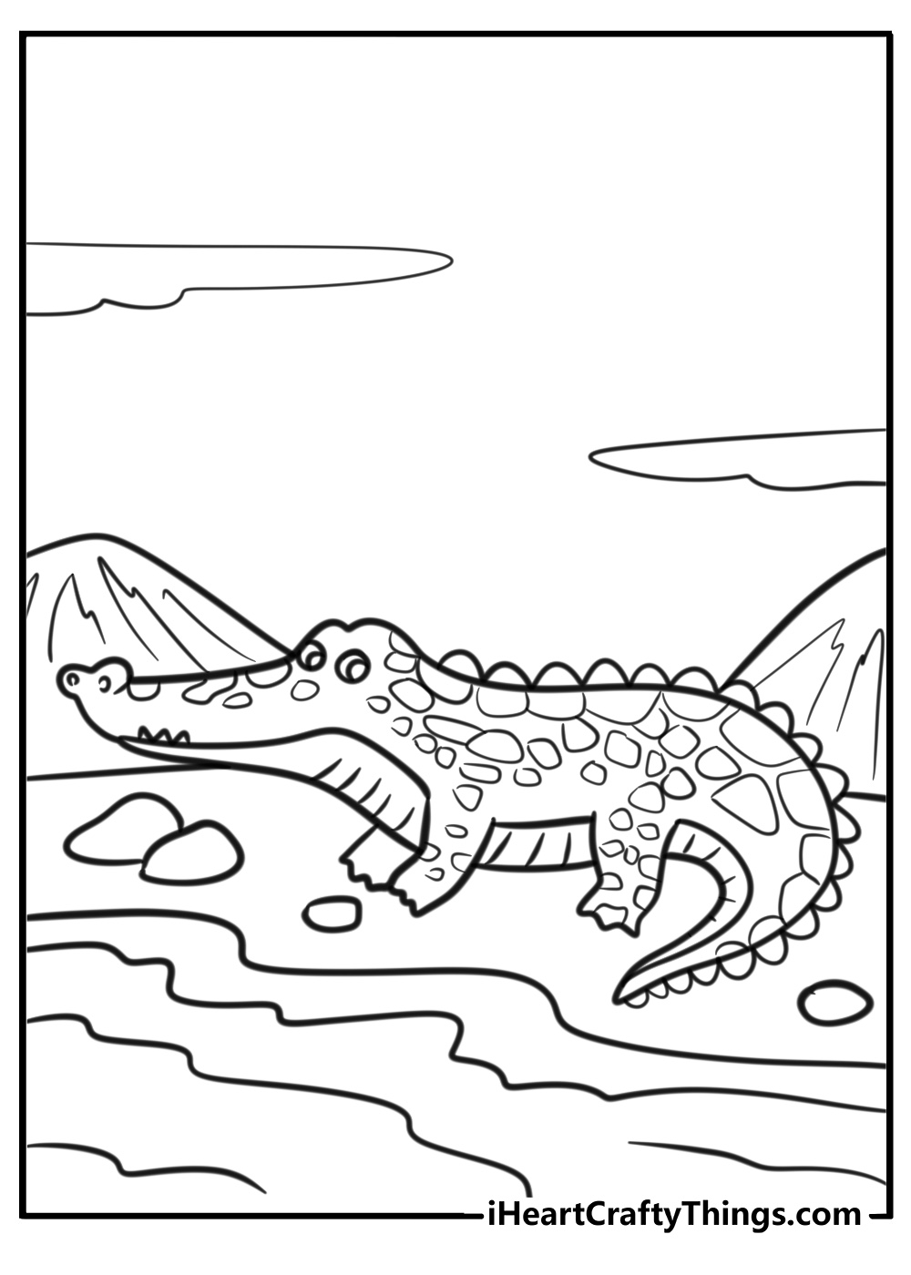 Crocodile resting by the water detailed zoo coloring sheet