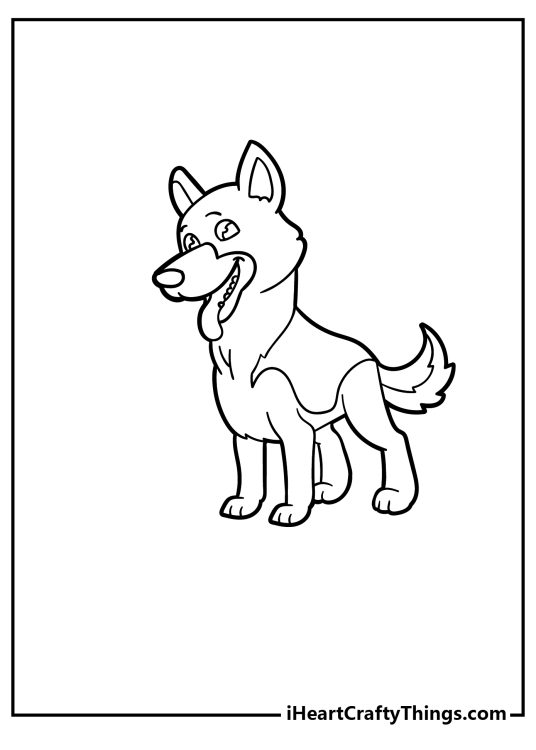 Free printable cartoon style drawing of a happy and friendly German Shepherd with tongue sticking out