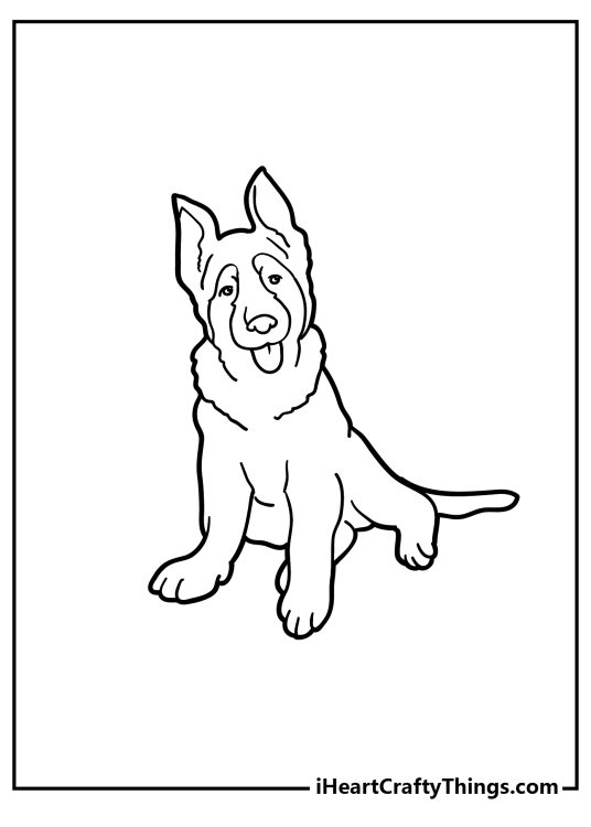 Free coloring image of a cute German Shepherd puppy sitting with his tongue sticking out the mouth