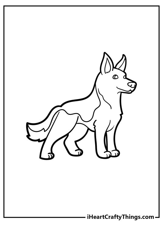 Easy coloring page for children featuring young German Shepherd posing proudly turned to the right side